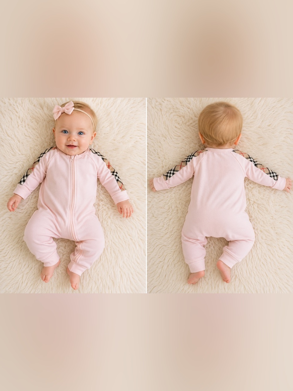 Burberry Baby Pink One-Piece Romper with Plaid Shoulder Detail